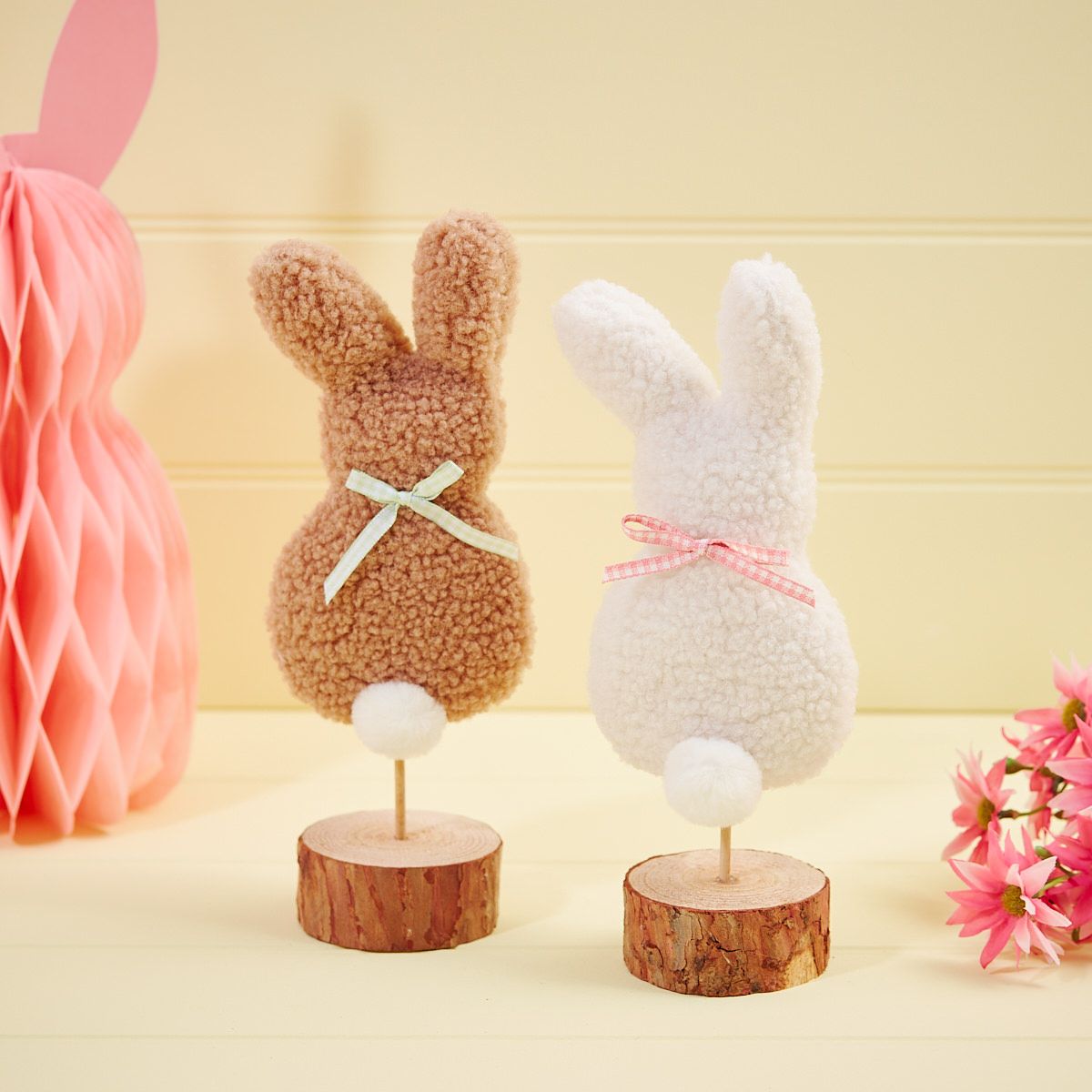 Fluffy Bunnies on Wooden Block - set of 2