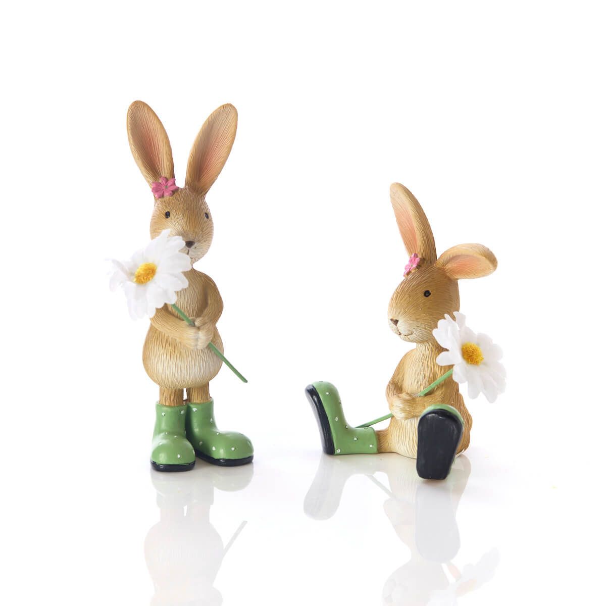 Set of 2 Resin Bunny Ornaments with Flowers