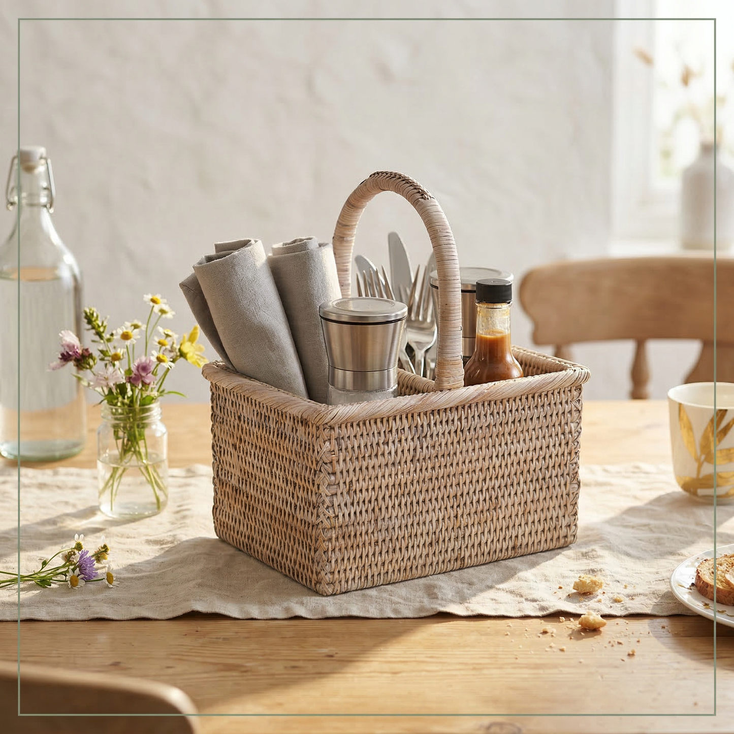 Rectangular rattan condiment holder basket by Shabbyquins with compartments for organizing condiments and utensils.