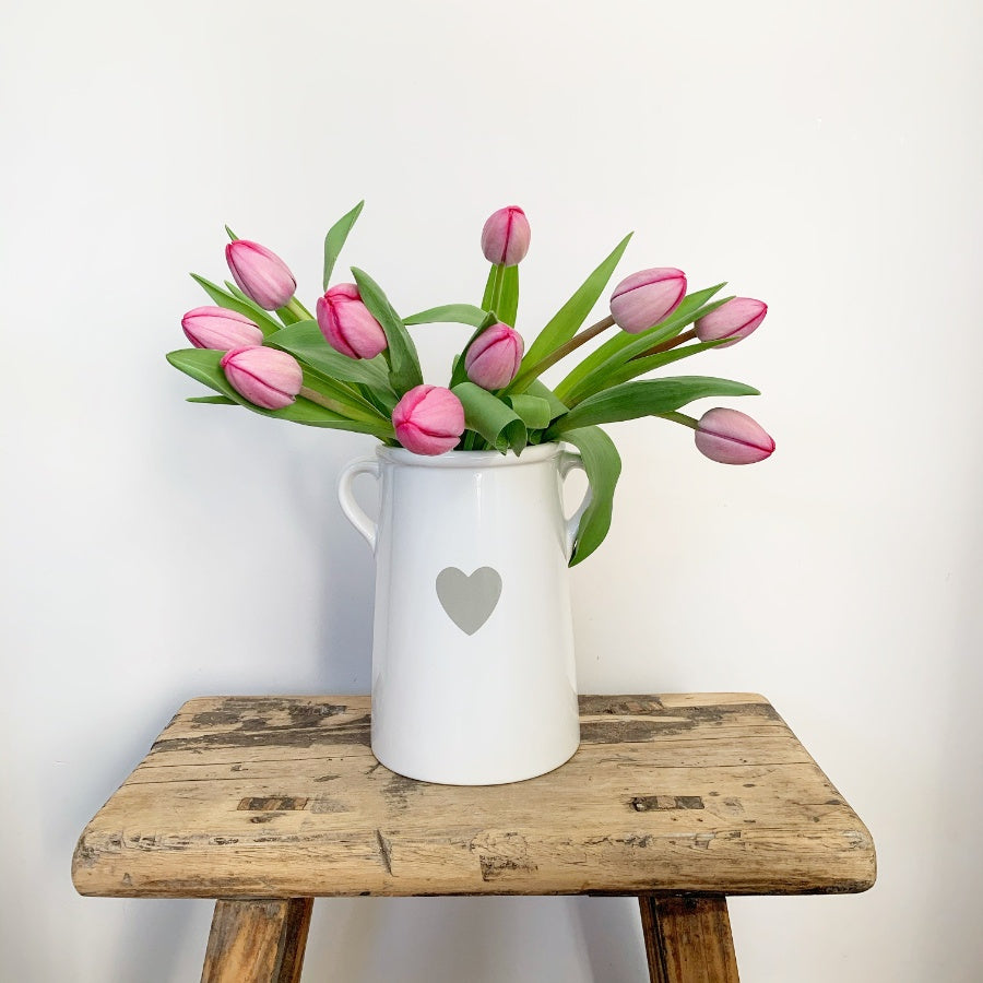 White Pot With Handles & Grey Heart