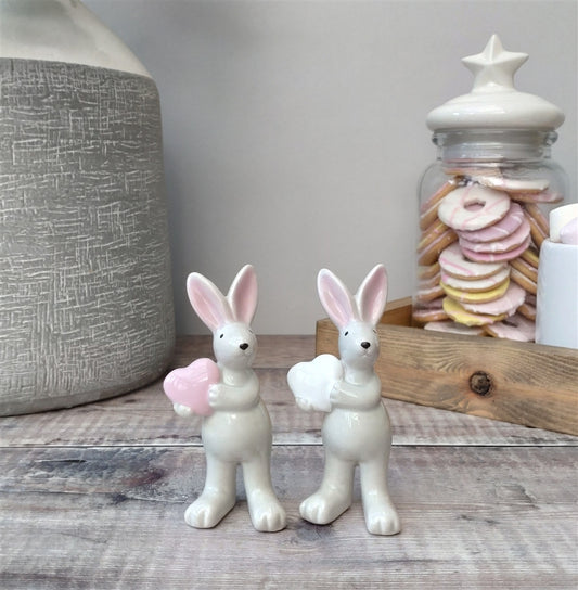 Pair of Small Ceramic Rabbit Ornament Holding Heart
