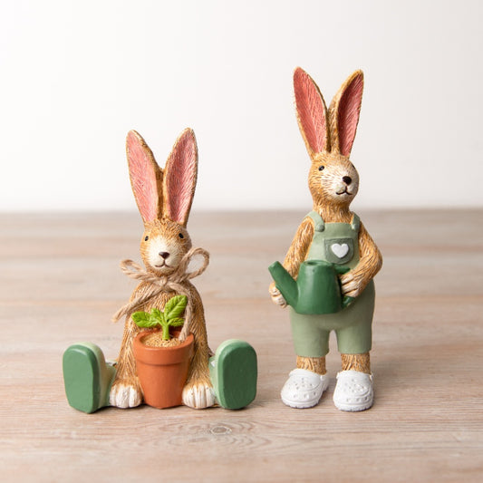 Set of 2 Gardening Themed Bunny Ornaments