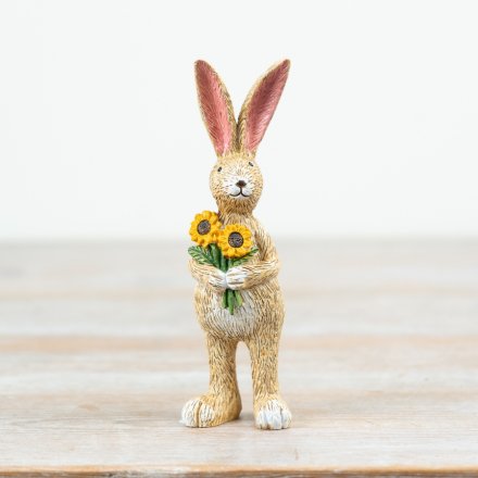 Shabbyquins Jasper rabbit ornament with sunflower decorations, handcrafted ceramic figurine, detailed and charming for home decor.