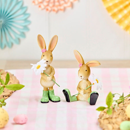 Set of 2 Resin Bunny Ornaments with Flowers