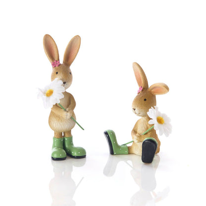 Set of 2 Resin Bunny Ornaments with Flowers