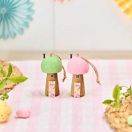 Toadstool House Hangers with Wooden Door (set of 2)