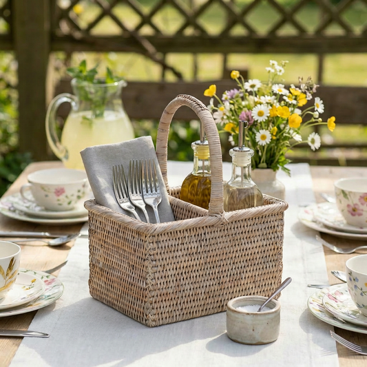 Rectangular rattan condiment holder basket by Shabbyquins, perfect for organizing sauces and condiments on a charming table.