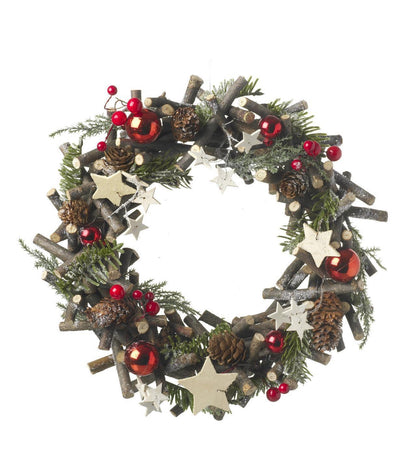 Large Red & Woodland White Stars Round Wreath