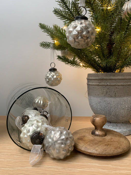 Set of Silver Hanging Baubles In Glass Jar
