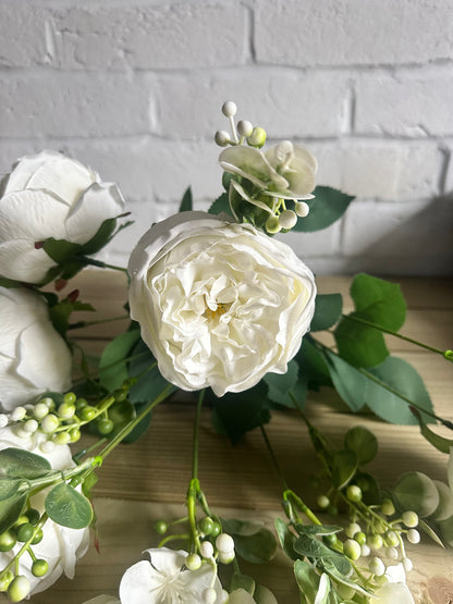 Faux White Roses & Foliage Spray