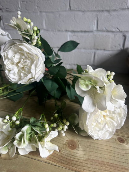 Faux White Roses & Foliage Spray