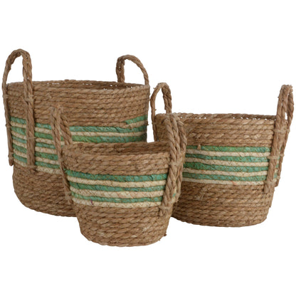 Straw And Corn Basket Green Stripe With Handles Set of 3