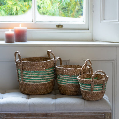 Straw And Corn Basket Green Stripe With Handles Set of 3