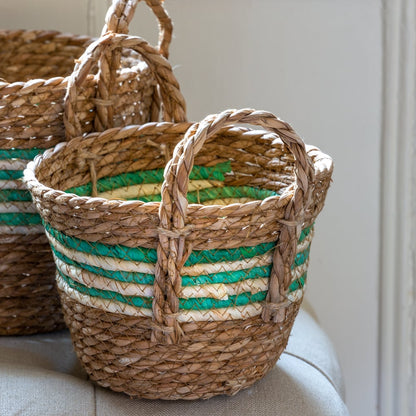 Straw And Corn Basket Green Stripe With Handles Set of 3