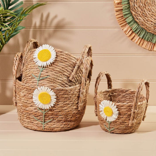 Set of 3 Grass Baskets With Daisy