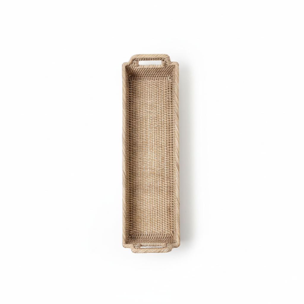 Rattan narrow display tray overhead view showing weave and handles