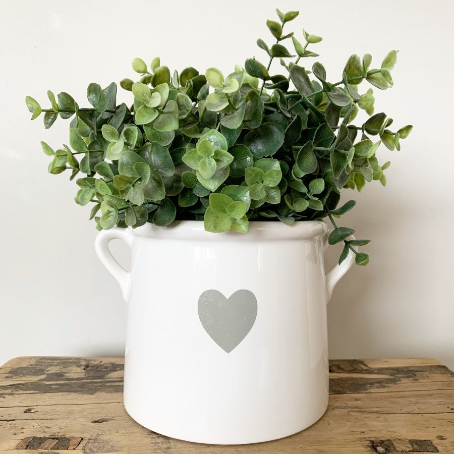 White Planter With Handles & Grey Heart
