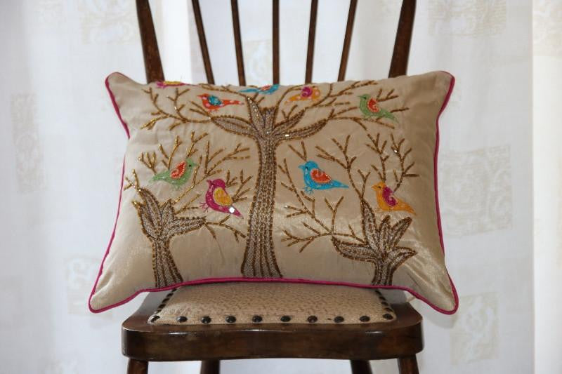 Sequin birds in tree cushion