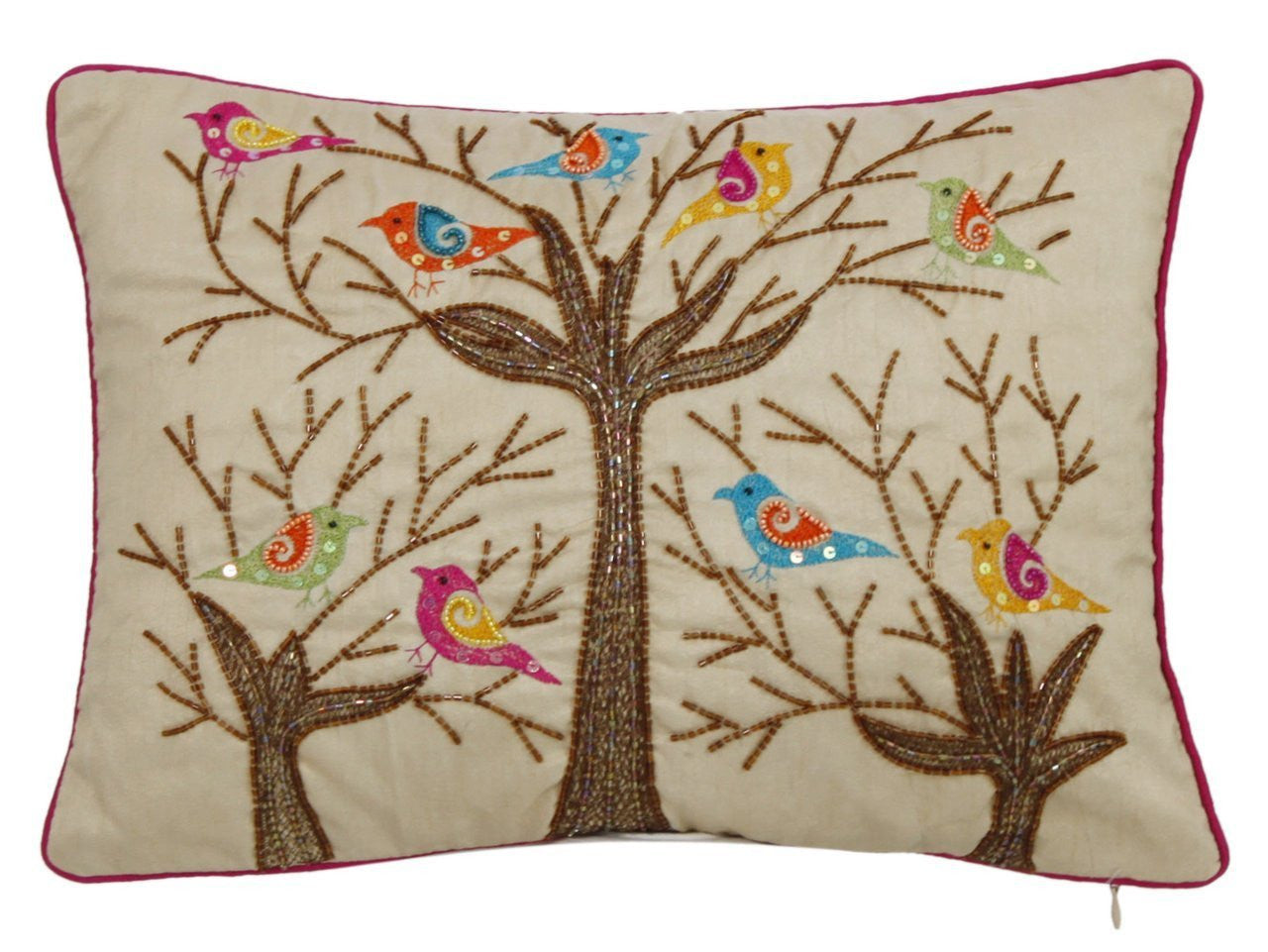 Sequin birds in tree cushion