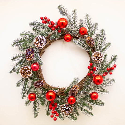 Large Frosted Wreath With Pinecones & Red Baubles