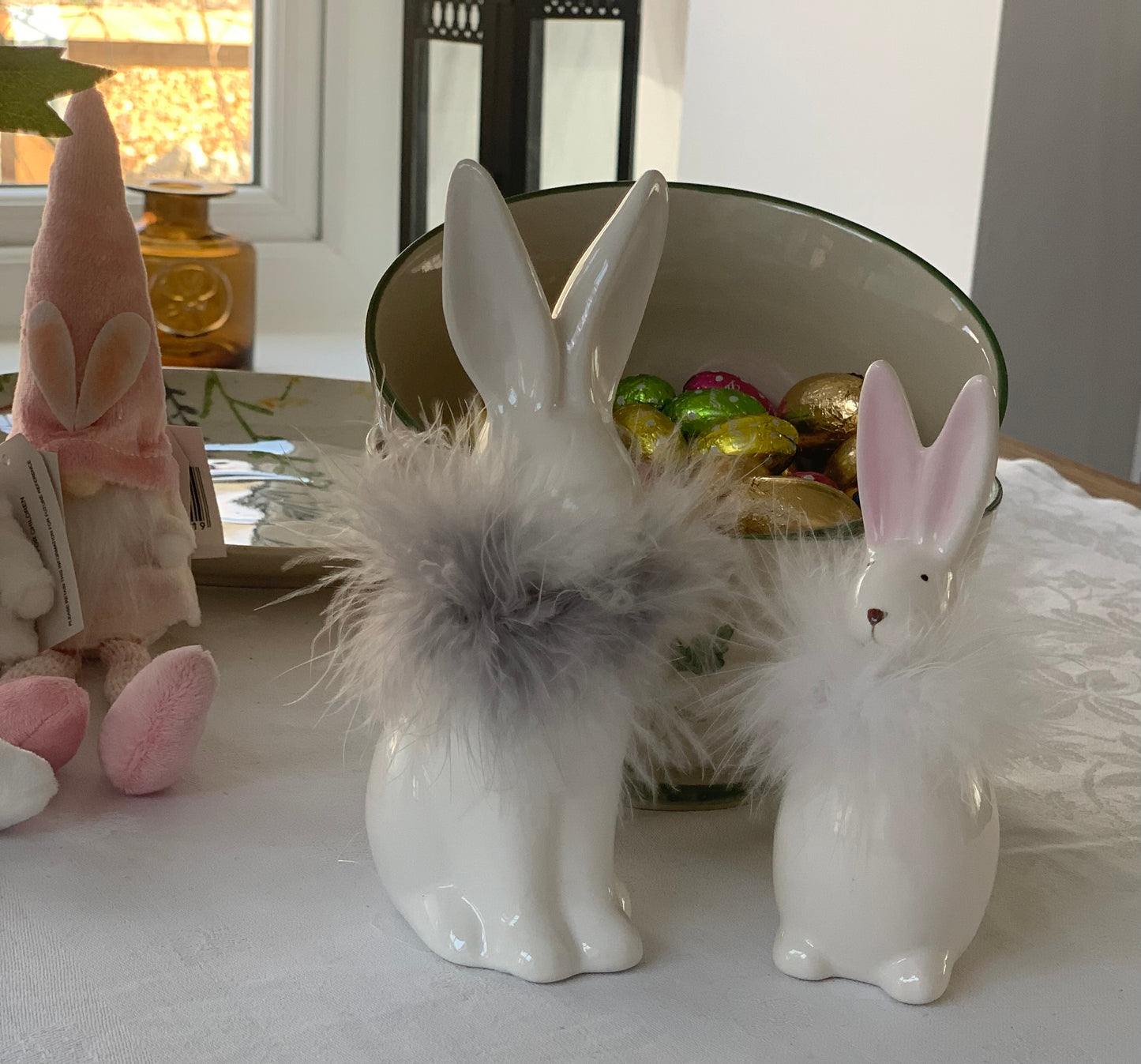 Set of 2 Ceramic Rabbits with Feathered Necks (small)