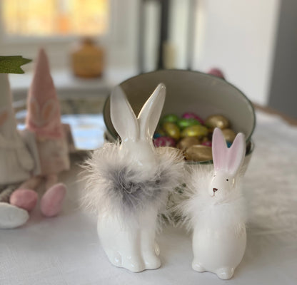 Set of 2 Ceramic Rabbits with Feathered Necks (small)