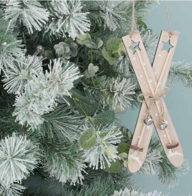 Scandi Style Wooden Skis Tree Decorations - Set of 2